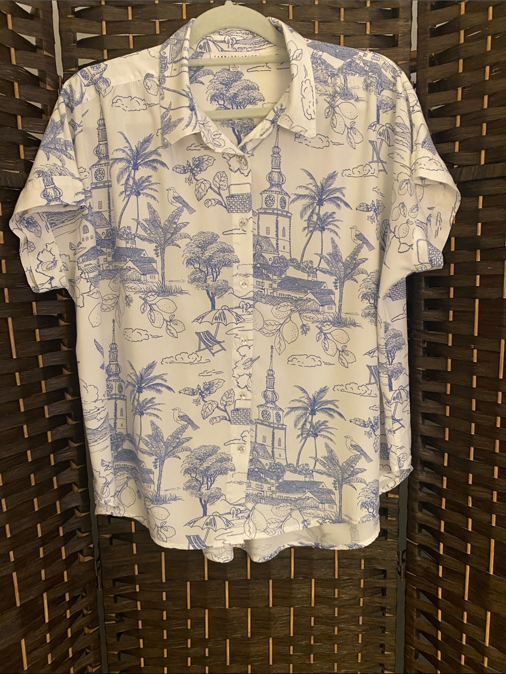 Jane and Delancey Toile De Jouy Print Button-Up with Palm Trees and Buildings